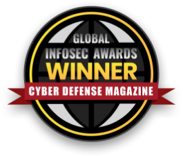 A circular badge with a globe design, indicating a winner of the Global Infosec Awards by Cyber Defense Magazine.