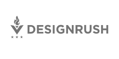 A black and white logo with a stylized leaf and the text "DESIGNRUSH" underneath.