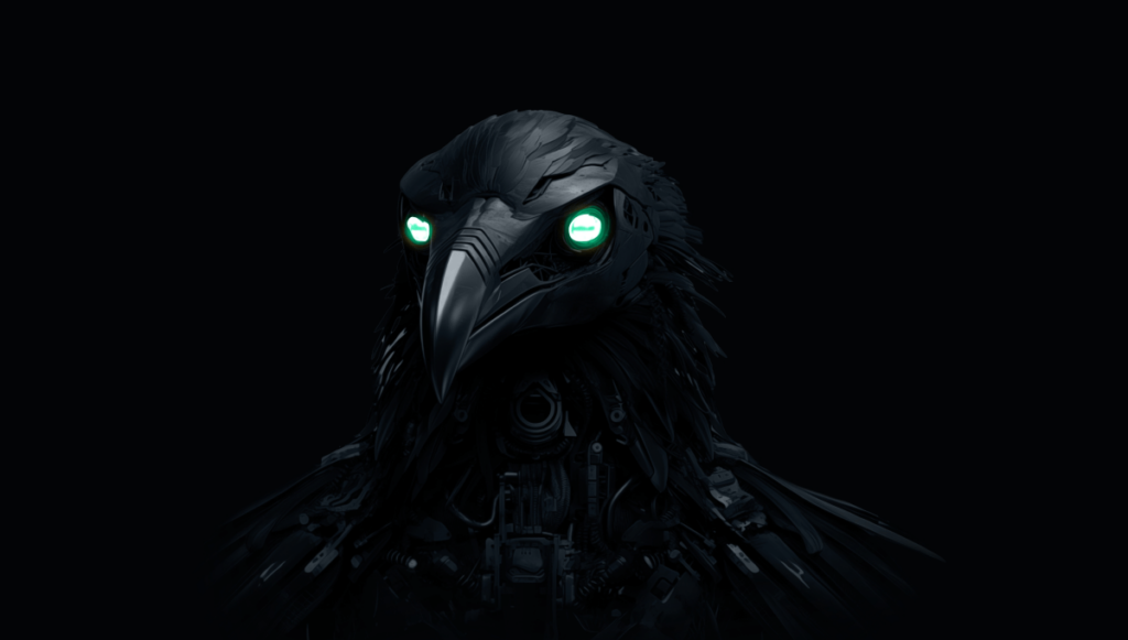 A robotic raven with glowing green eyes and a sleek, dark metallic body against a black background.