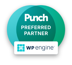 A circular badge with a teal background displays "Punch Preferred Partner" and the WP Engine logo at the bottom.