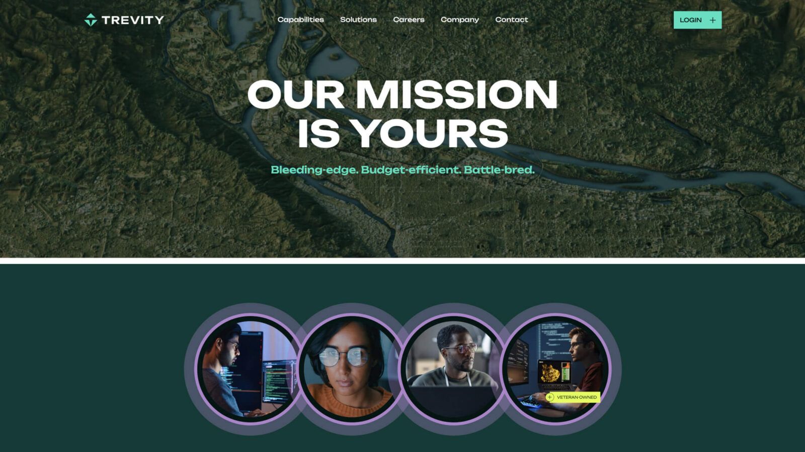 A website homepage features a large header with the text "OUR MISSION IS YOURS" over a satellite map background, with images