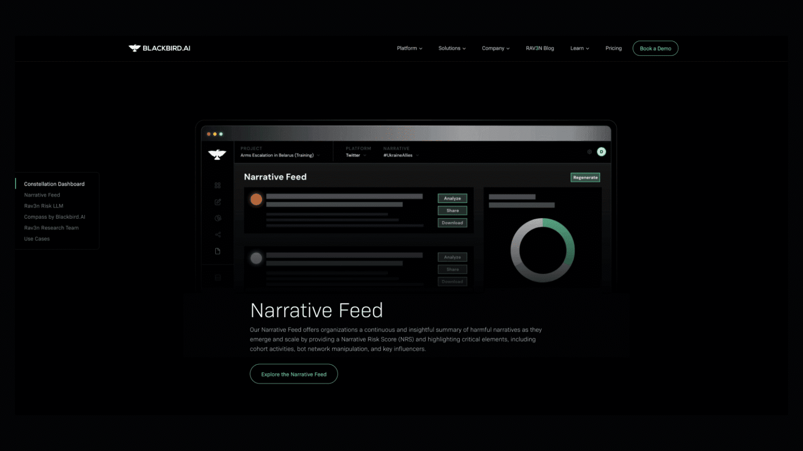 A dark webpage displays a dashboard titled "Narrative Feed" with options to analyze, share, and download, featuring a