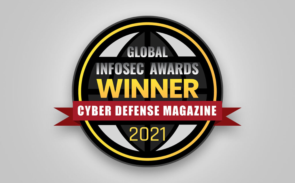 A circular badge with a black background and yellow border, indicating a 2021 Cyber Defense Magazine award winner.