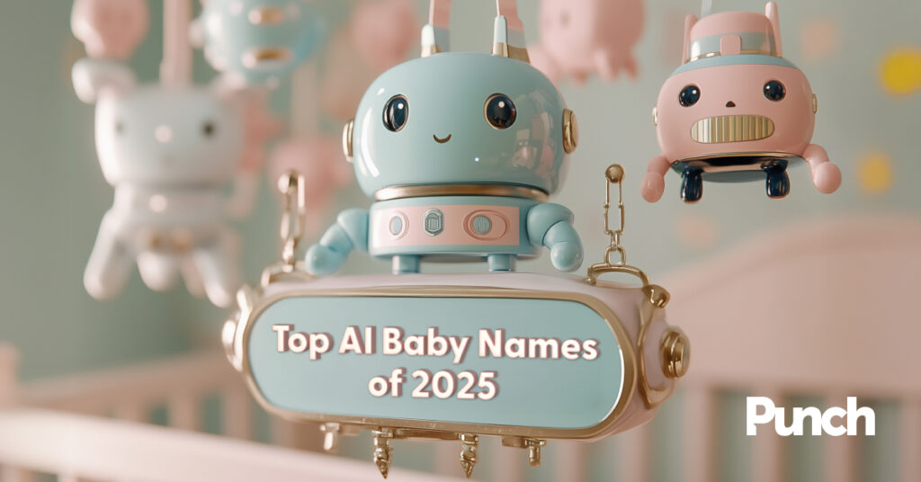 A pastel-colored robot and plush toys hang above a sign that reads "Top AI Baby Names of 2025," with the Punch logo in the