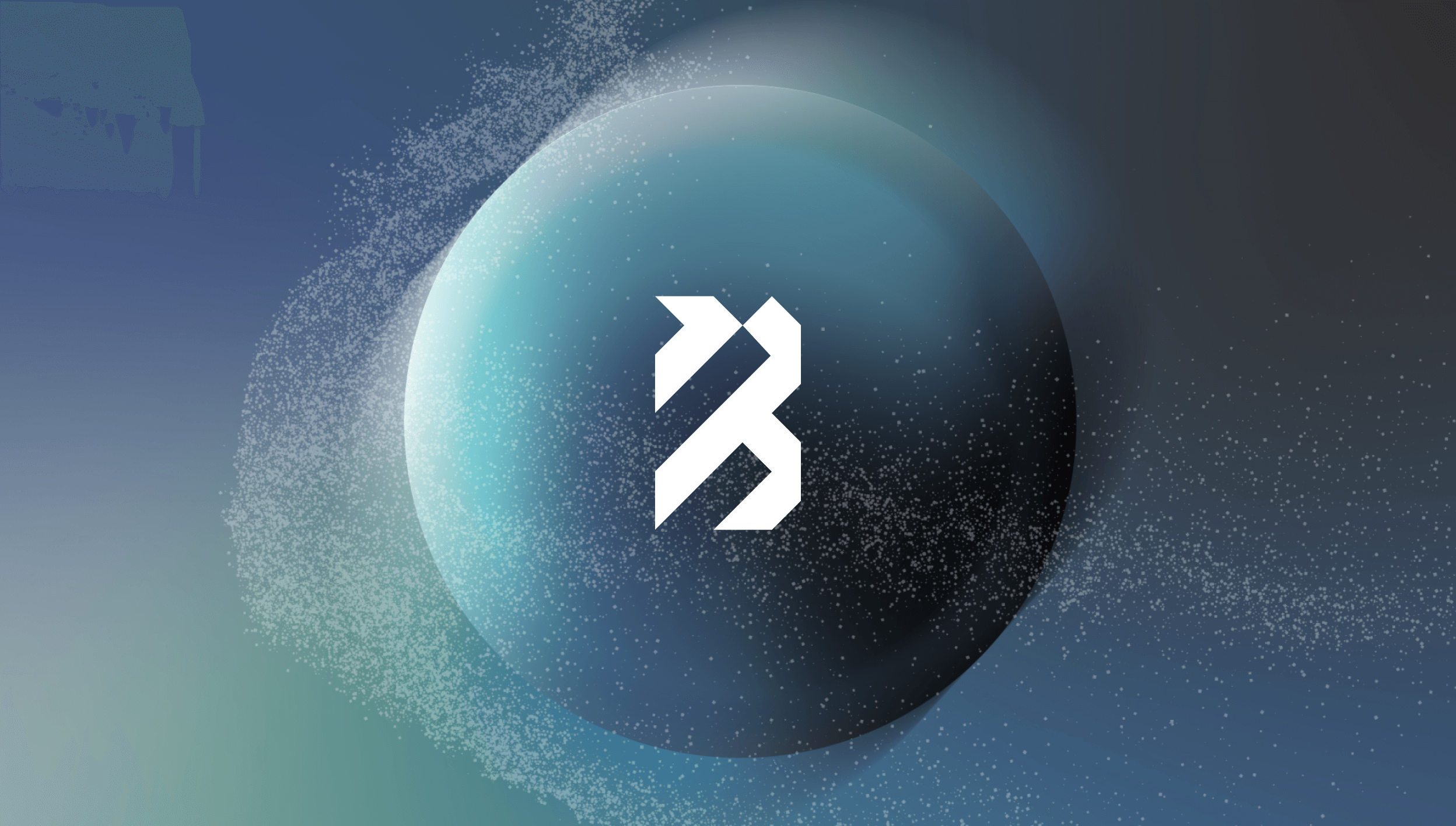 A digital illustration features a dark sphere with a white abstract logo in the center, surrounded by a glowing, dotted halo.