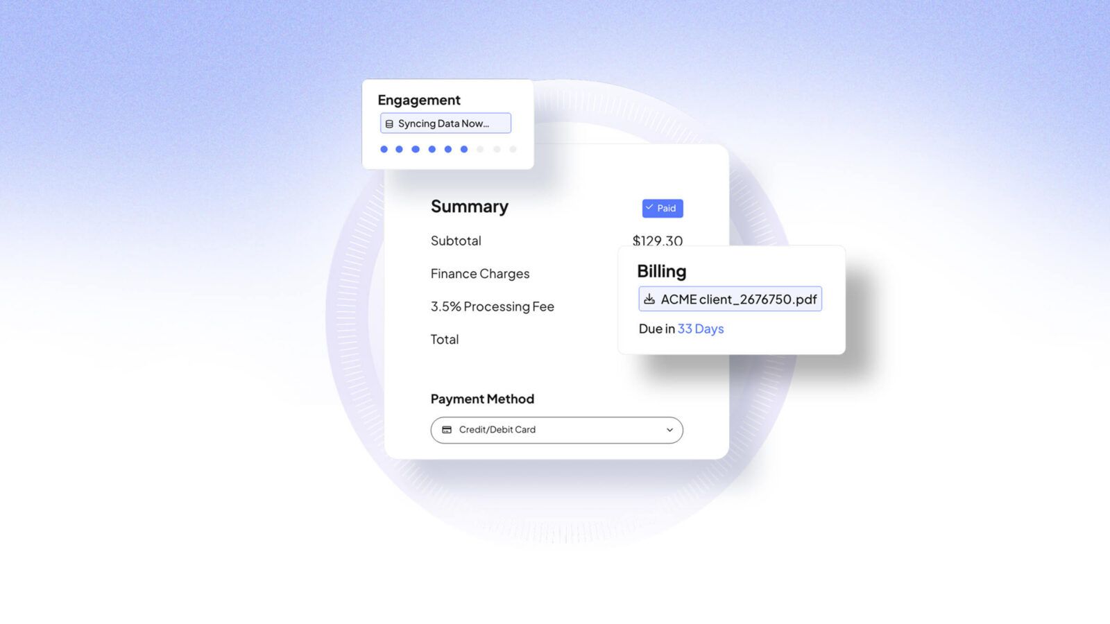 A digital billing interface displays a summary, payment method, and a PDF invoice due in 33 days.