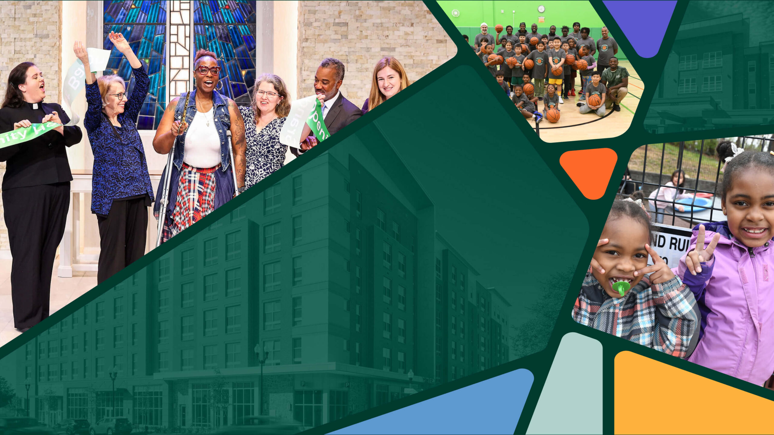 Group of diverse adults and children participating in community activities and sports indoors and outdoors.