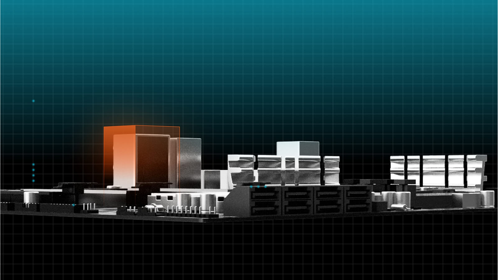 A digital rendering of a computer motherboard with highlighted components against a dark, grid-patterned background.