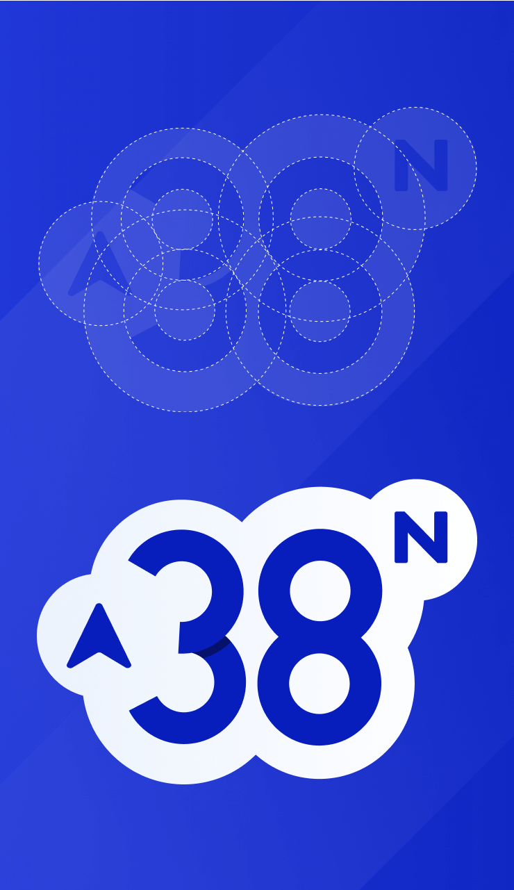 A digital graphic displays "38°N" in large white and blue text with a cloud-like background on a blue gradient background.