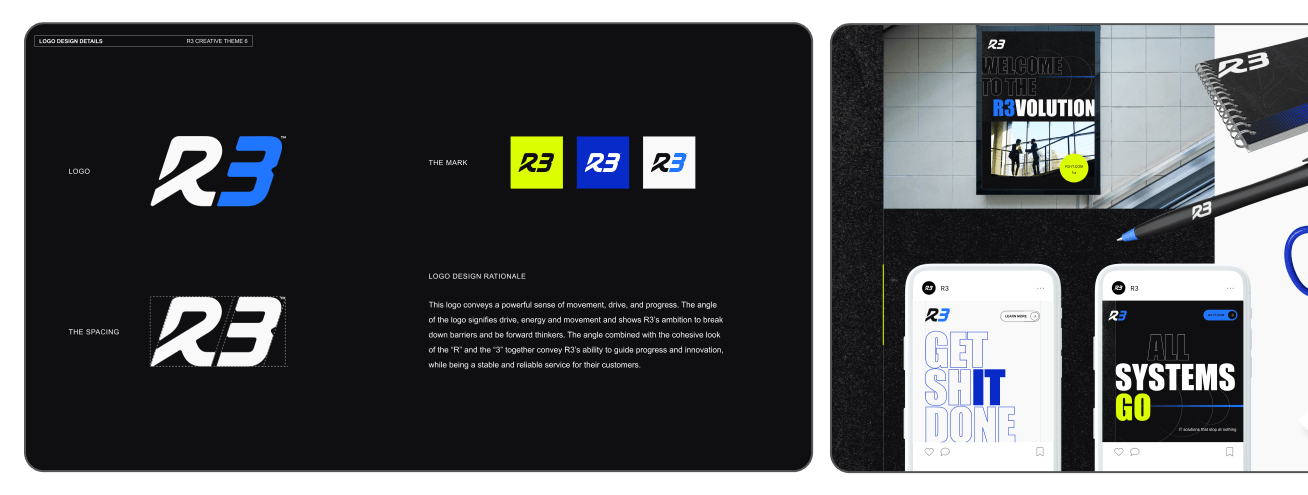 A presentation slide displays the R3 logo, its color variations, and the rationale behind its design, alongside a workspace