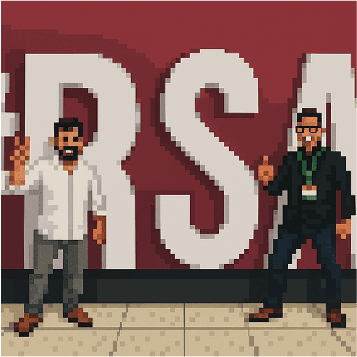 Two pixelated men stand in front of a large red wall with white letters, giving thumbs-up gestures.