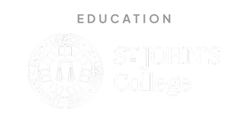 The logo of St. John's College features a circular emblem with scales of justice and Latin words, alongside the college name.