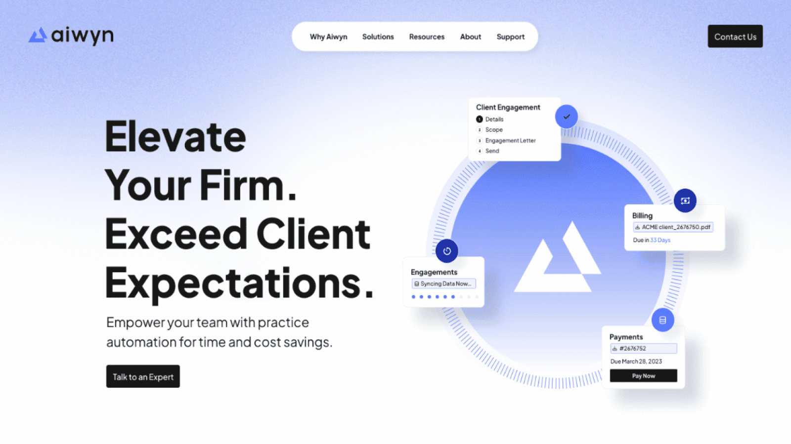 A website homepage with a blue and white color scheme, featuring bold black text that says "Elevate Your Firm. Exceed Client
