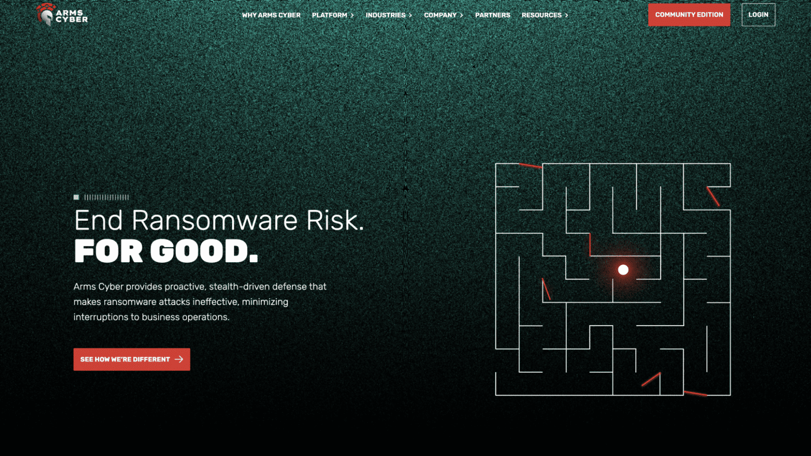 A dark green webpage background features a maze diagram with red lines and a glowing white dot, alongside text about ending