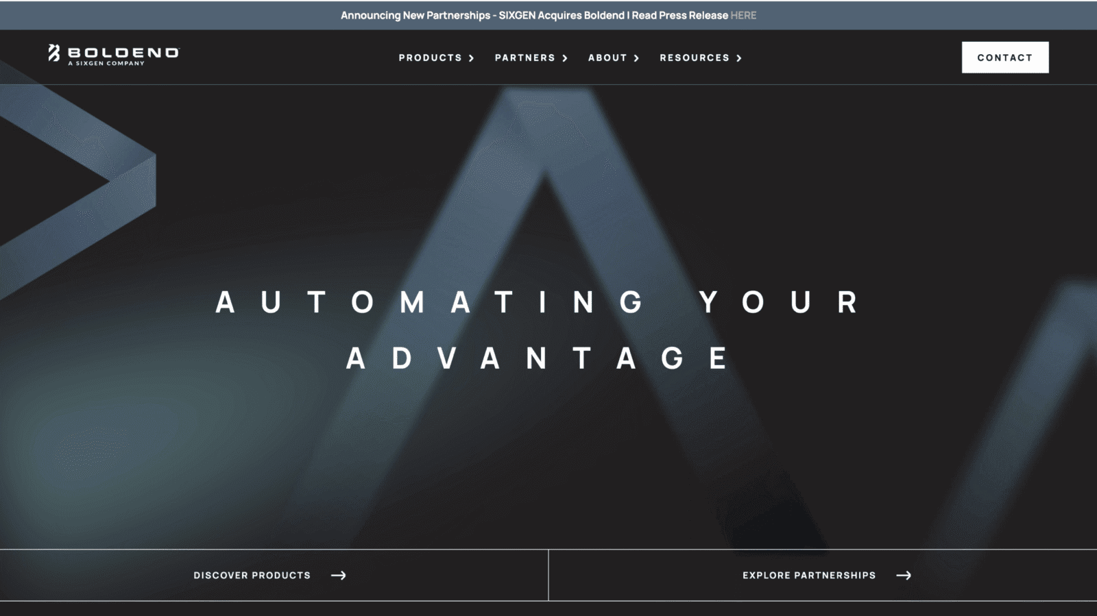 Boldend's homepage features a dark background with geometric shapes and the slogan "Automating Your Advantage" in white text.