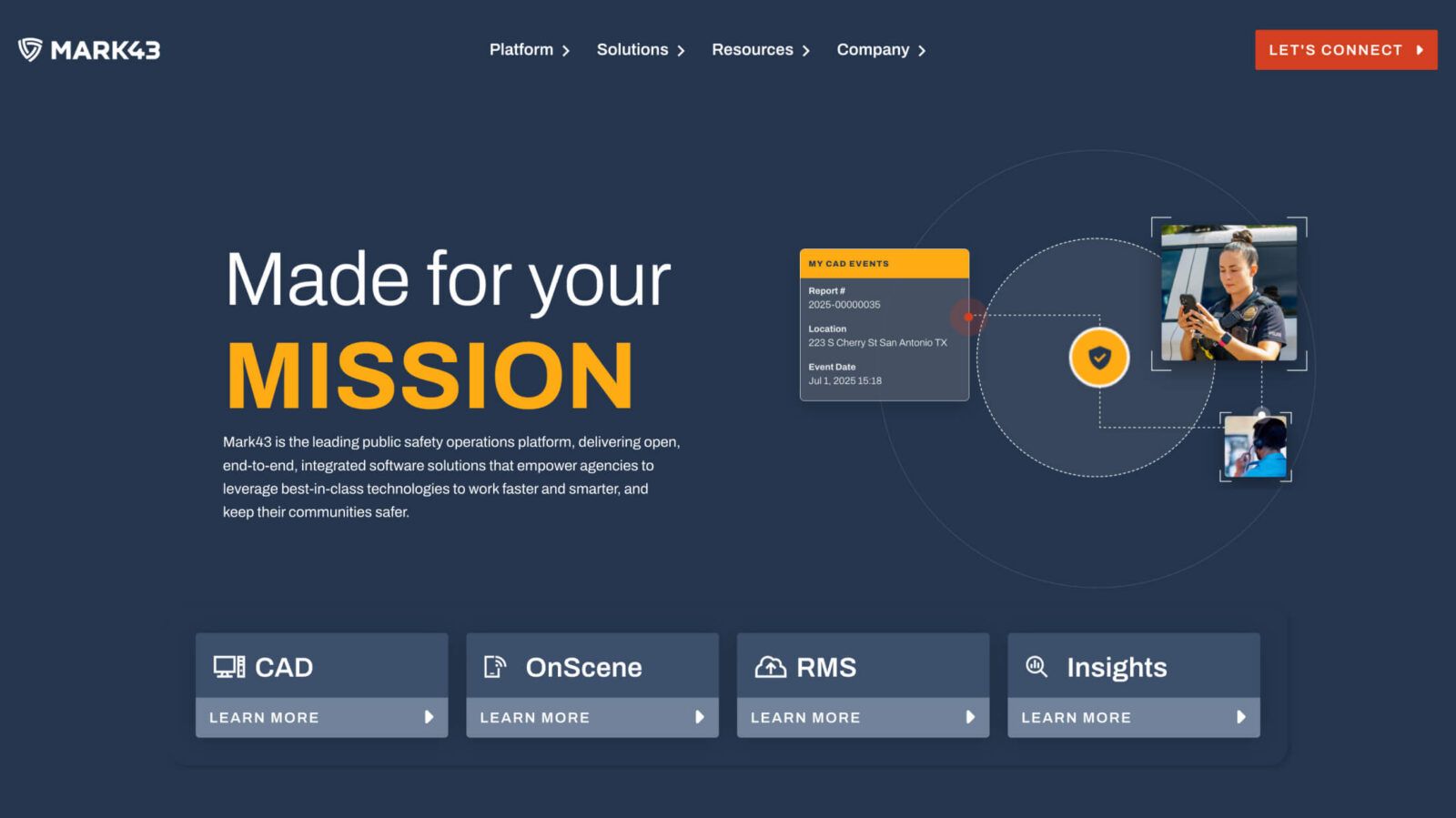 A dark blue webpage features the Mark43 logo, a navigation menu, a red "Let's Connect" button, and a large text promoting