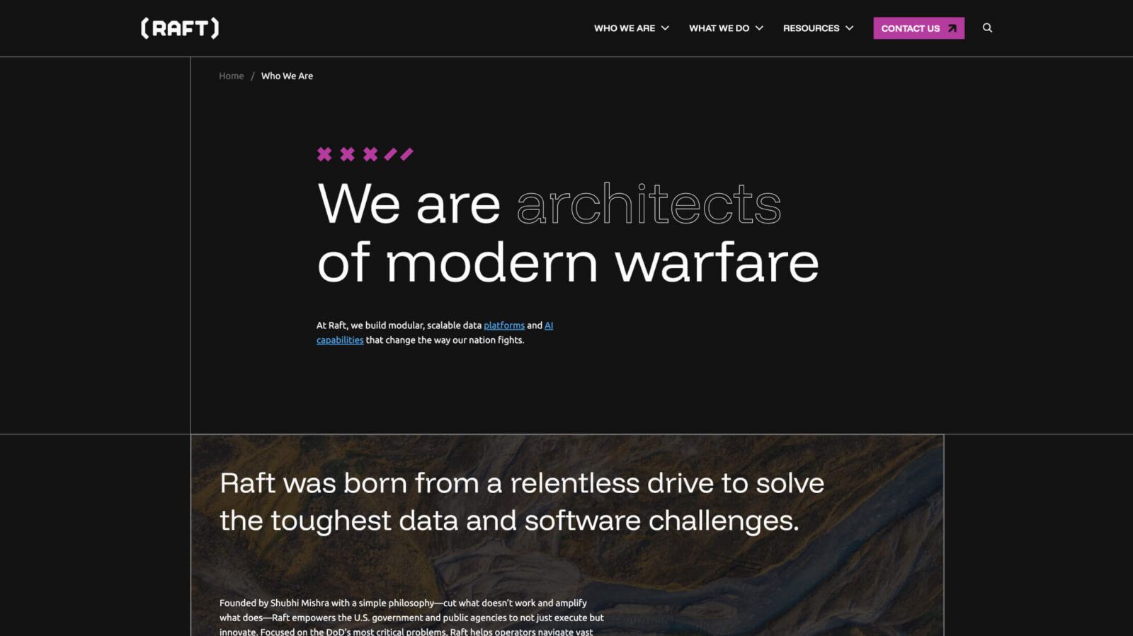 A website homepage for Raft features a black background with white and purple text describing their focus on modern warfare