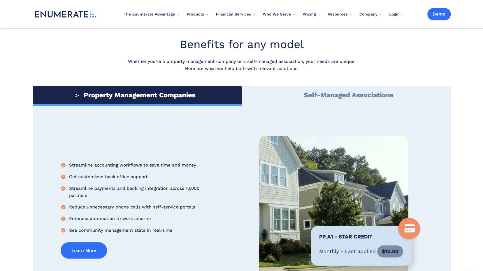 A webpage displaying benefits for property management companies and self-managed associations, including automation and