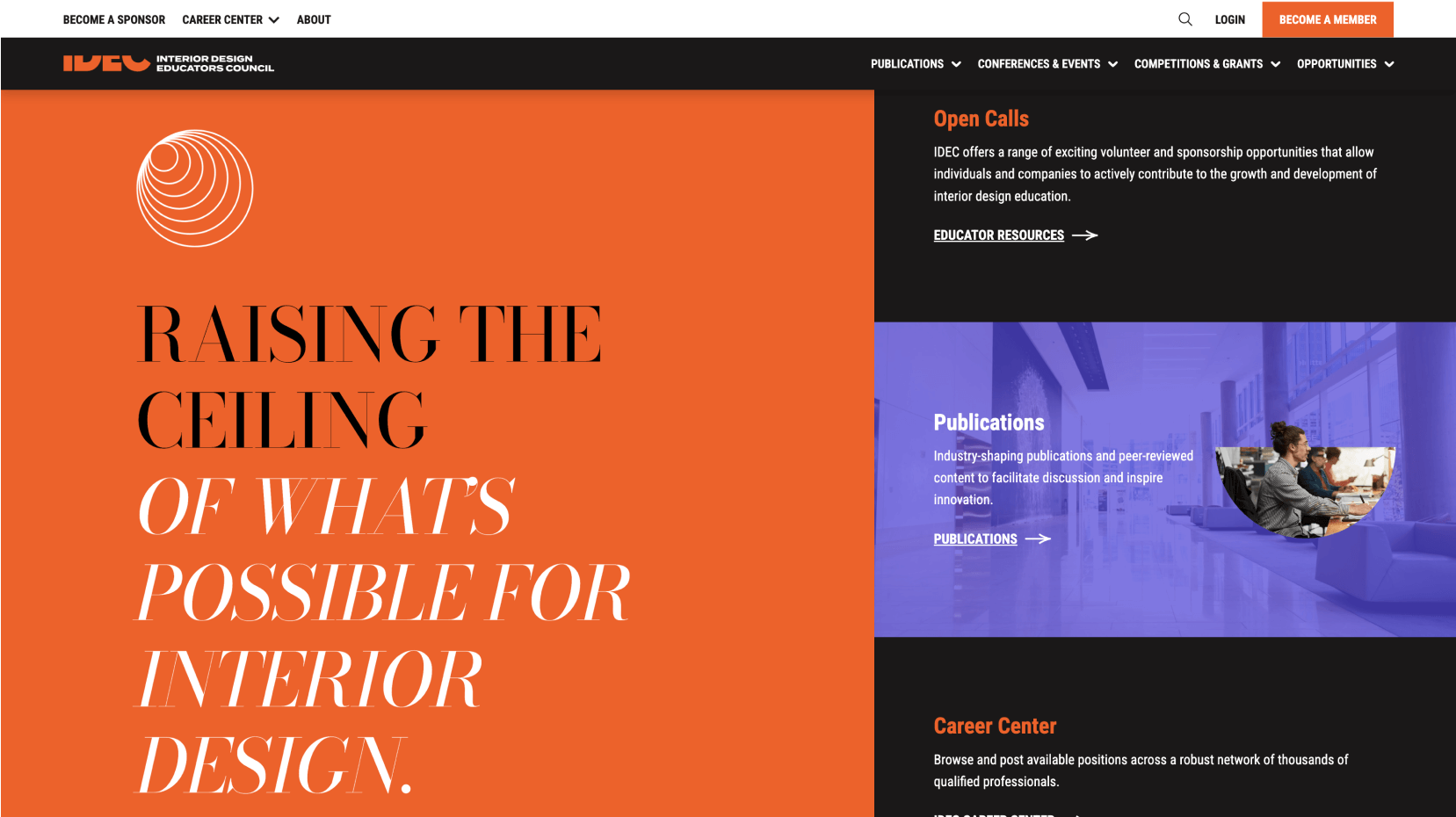 A webpage with a large orange section featuring black and white text about interior design education and opportunities.