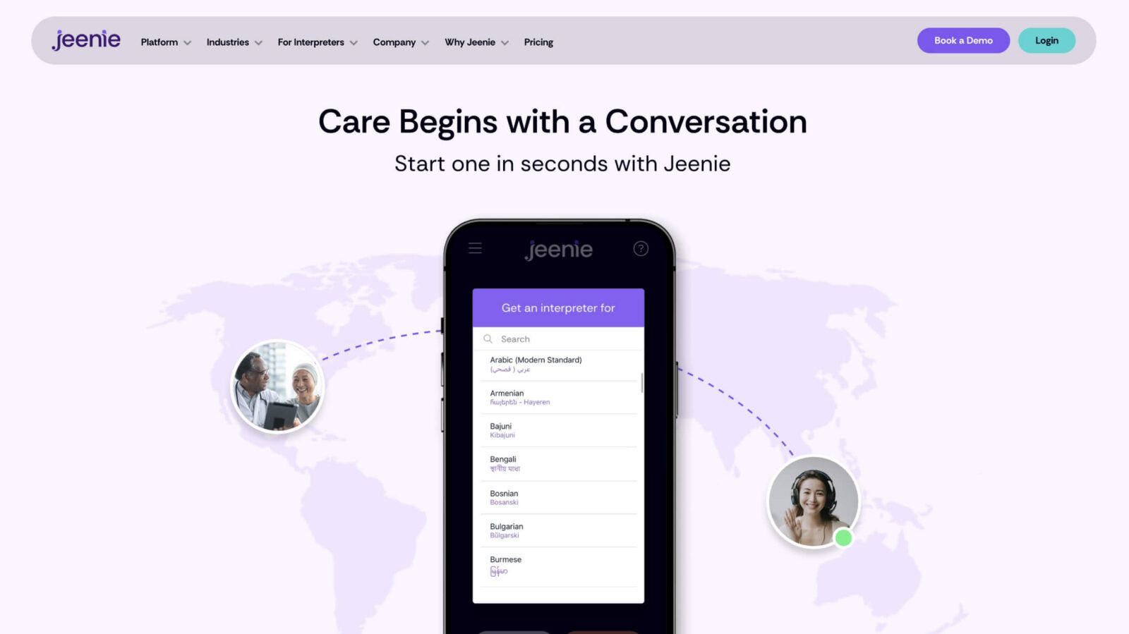 A smartphone screen displays an app for interpreting languages, with a world map background and two people communicating