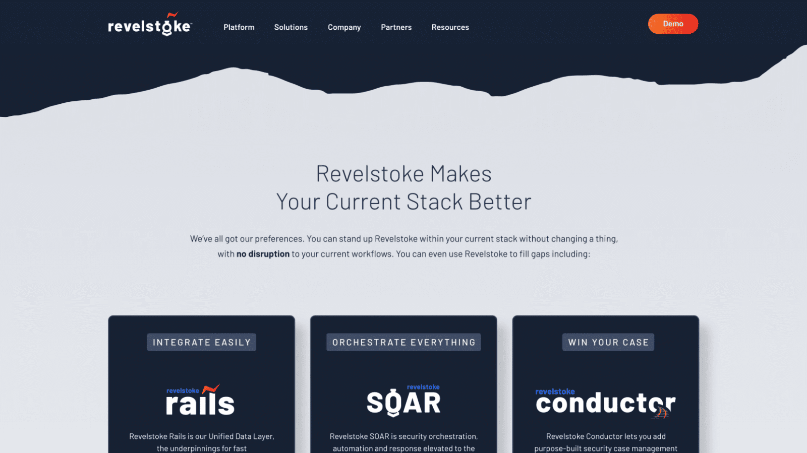 A website homepage for Revelstoke features a dark header with navigation links and a red "Demo" button, with a light