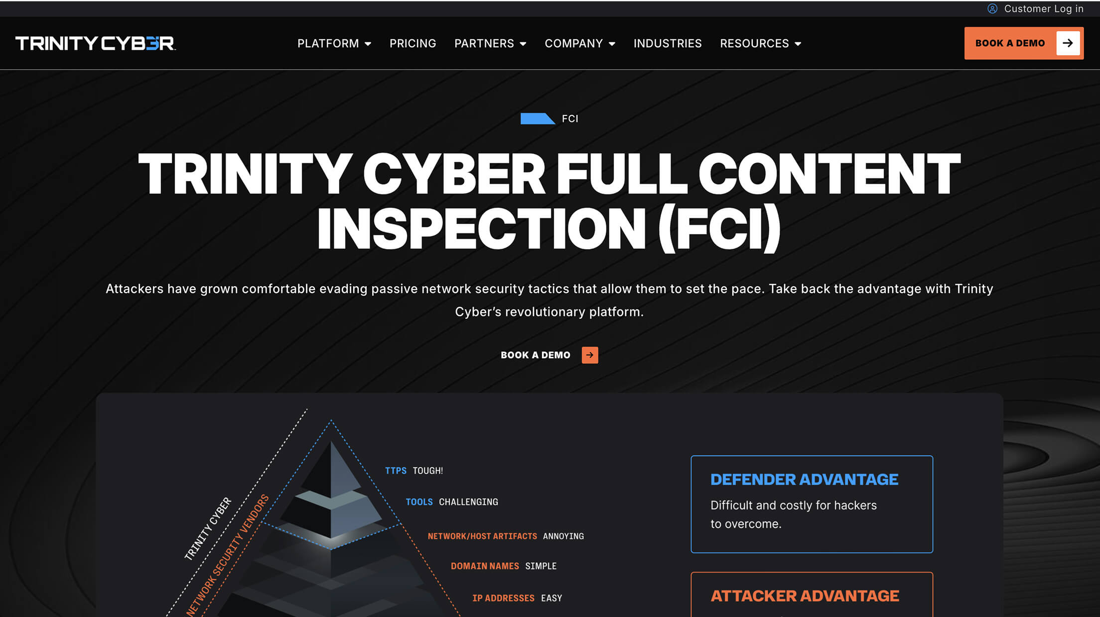 A dark webpage header with the Trinity Cyber logo, navigation menu, and an orange "Book a Demo" button.