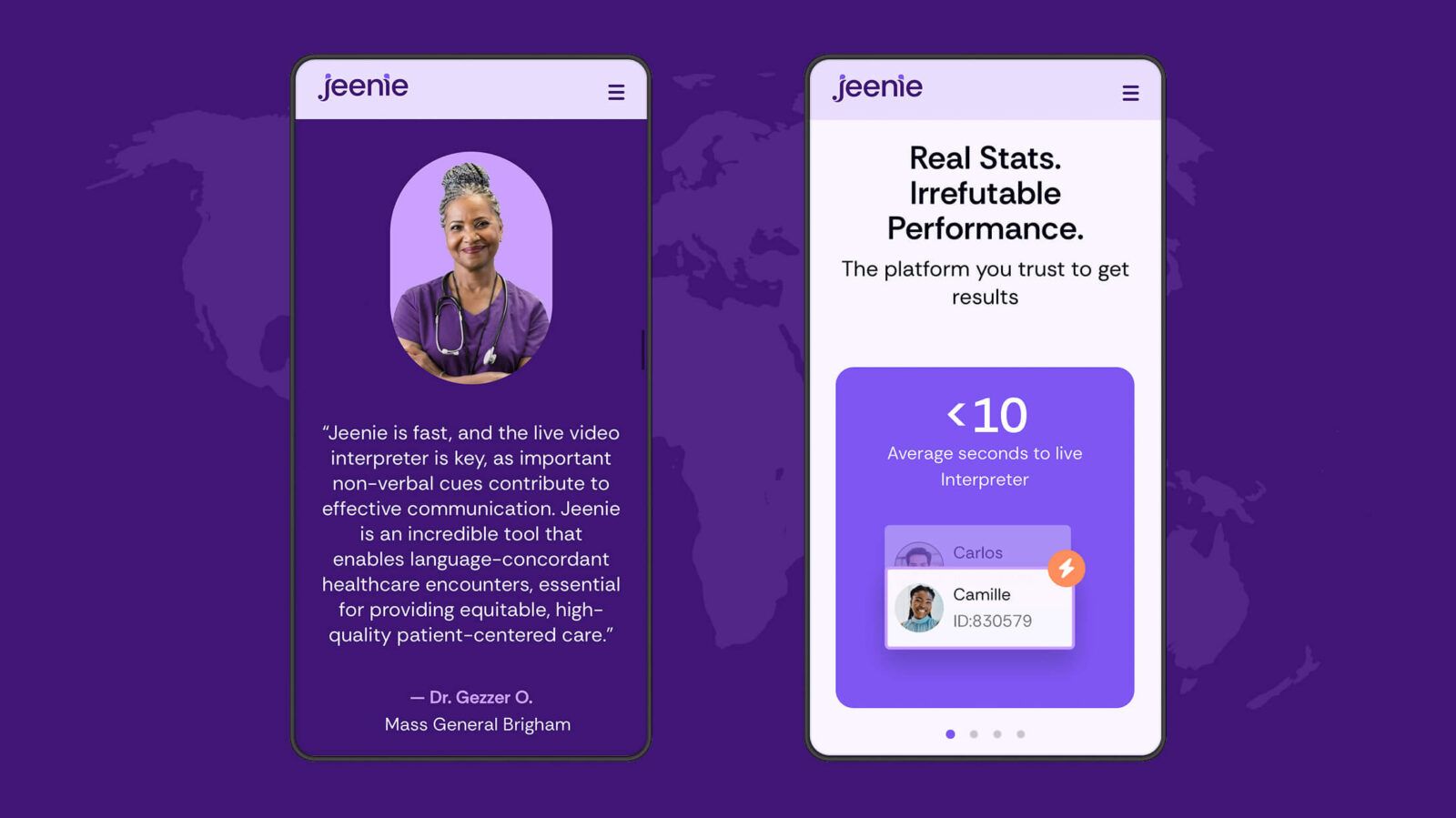 Two mobile screens display the Jeenie platform, highlighting a healthcare professional and real-time interpreter performance
