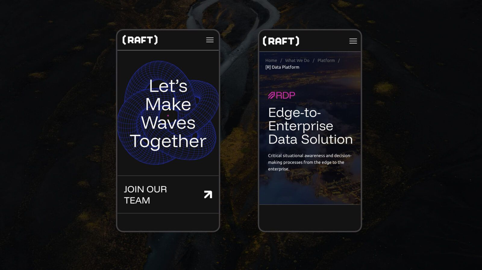 Two mobile screens display a technology company's website, featuring a wave graphic with the message "Let's Make Waves