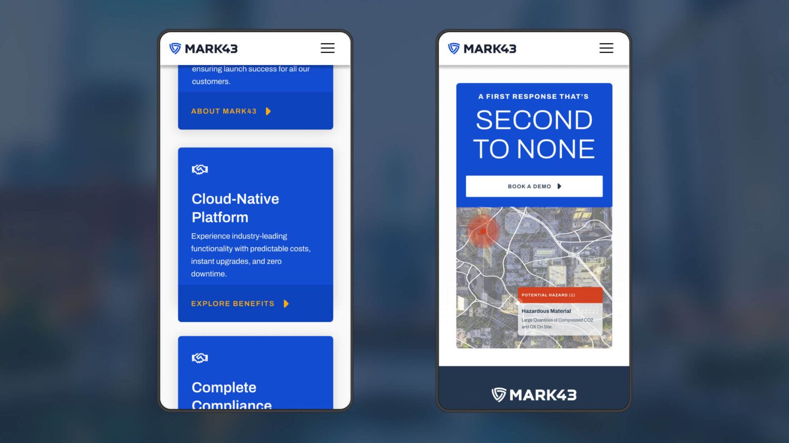 Two smartphones display the MARK43 website, one showing platform features and the other highlighting a map with hazard
