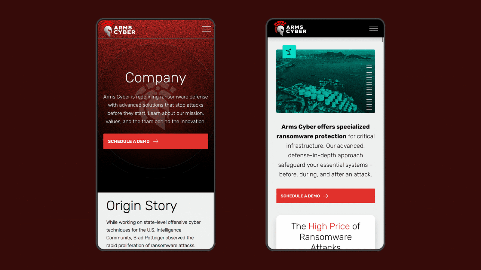 Two smartphones display the Armes Cyber website, highlighting ransomware protection solutions and a call to schedule a demo.