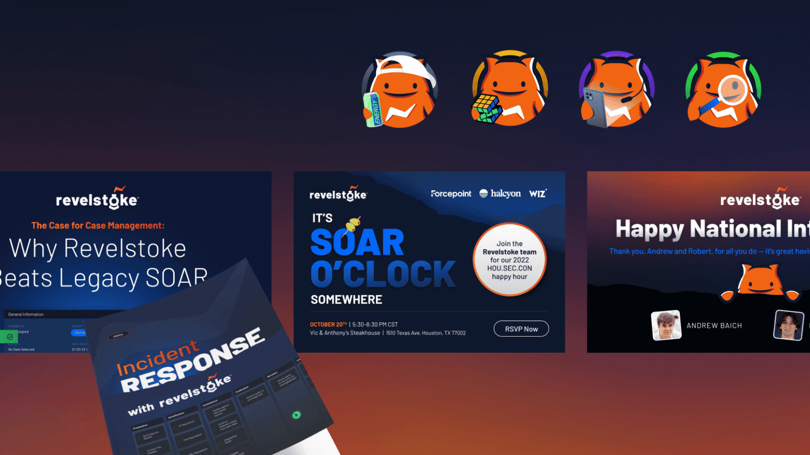 Four cartoon fox icons with different tools or items are displayed above promotional graphics for Revelstoke events and