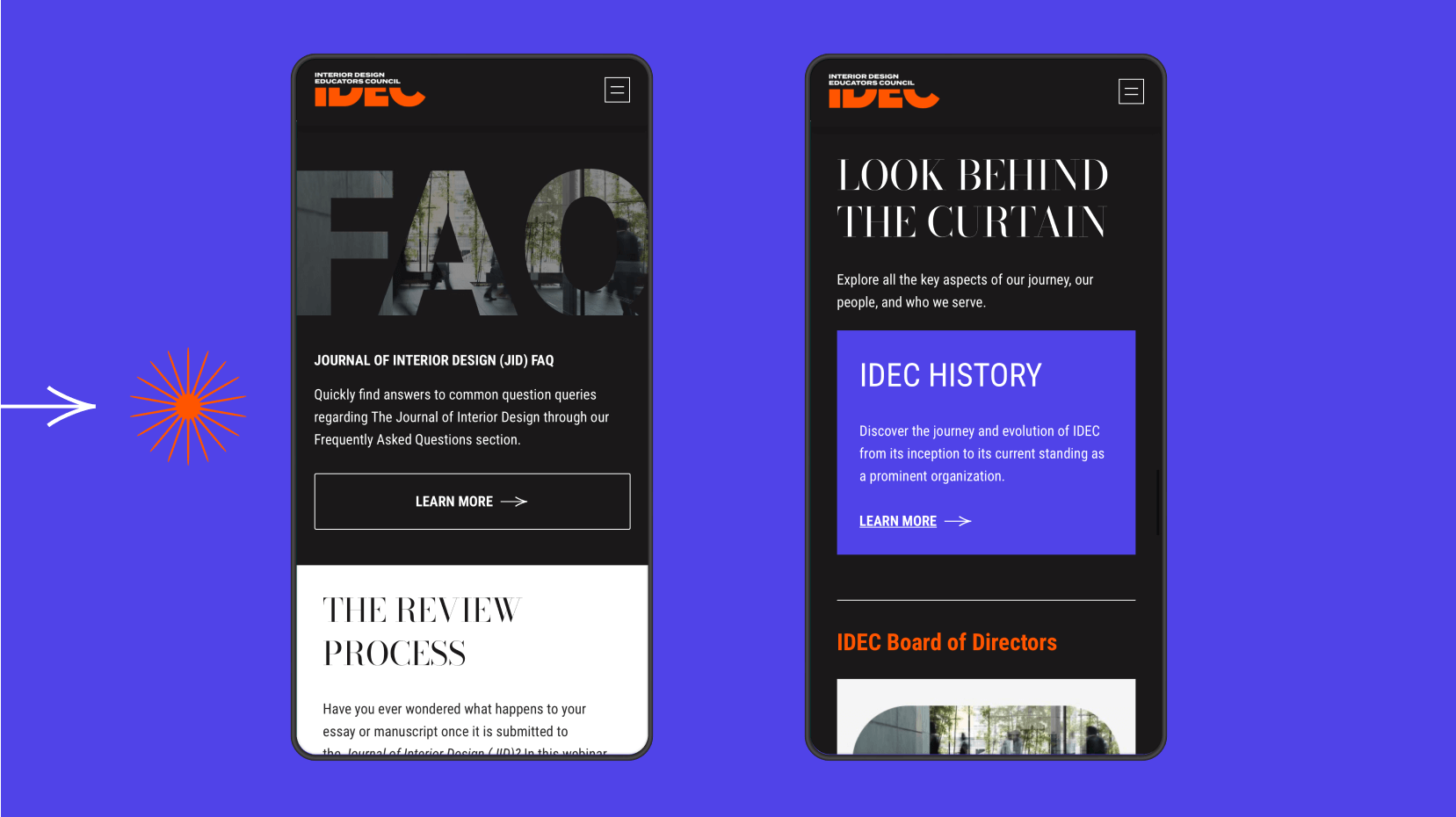 Two smartphones display the IDEC website against a purple background, with an orange and white starburst graphic to the left.