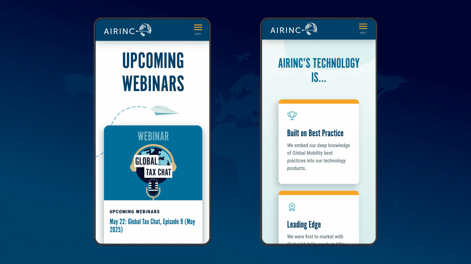 Two smartphones display a website for AIRINC, featuring upcoming webinars on the left and information about AIRINC's