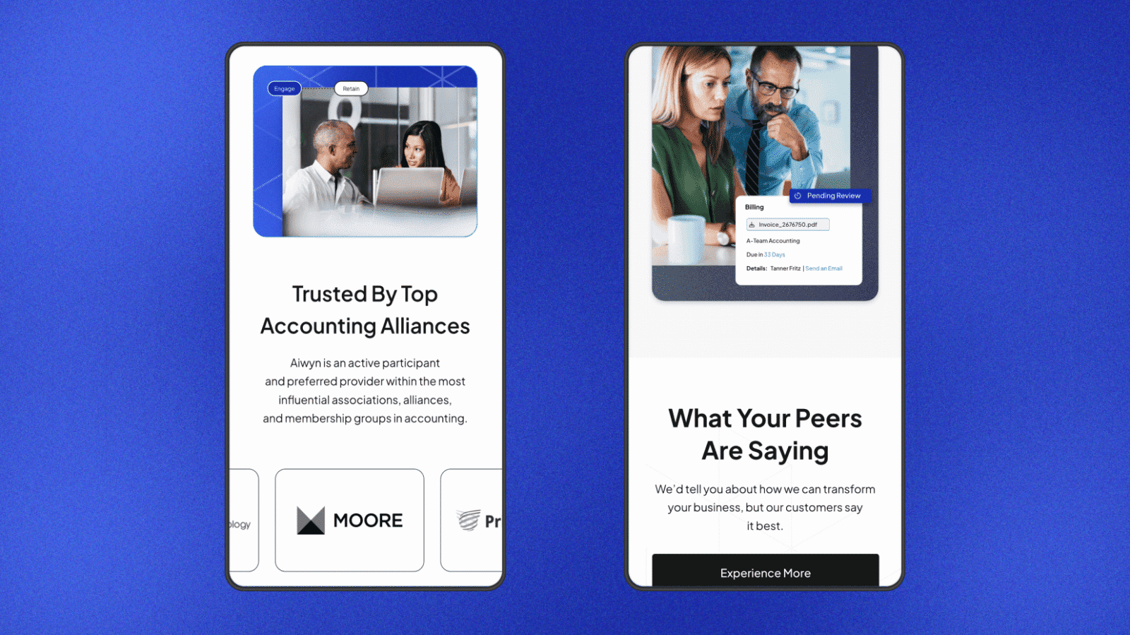 Two smartphones display digital marketing content for accounting services, featuring images of professionals and service