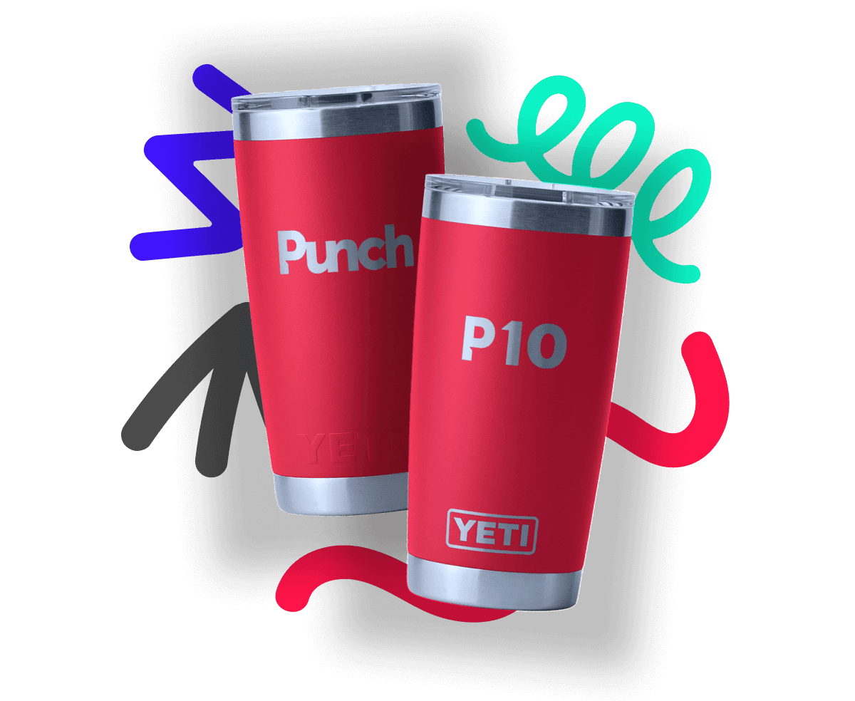 Two red YETI tumblers labeled "Punch" and "P10" are surrounded by colorful abstract lines on a black background.