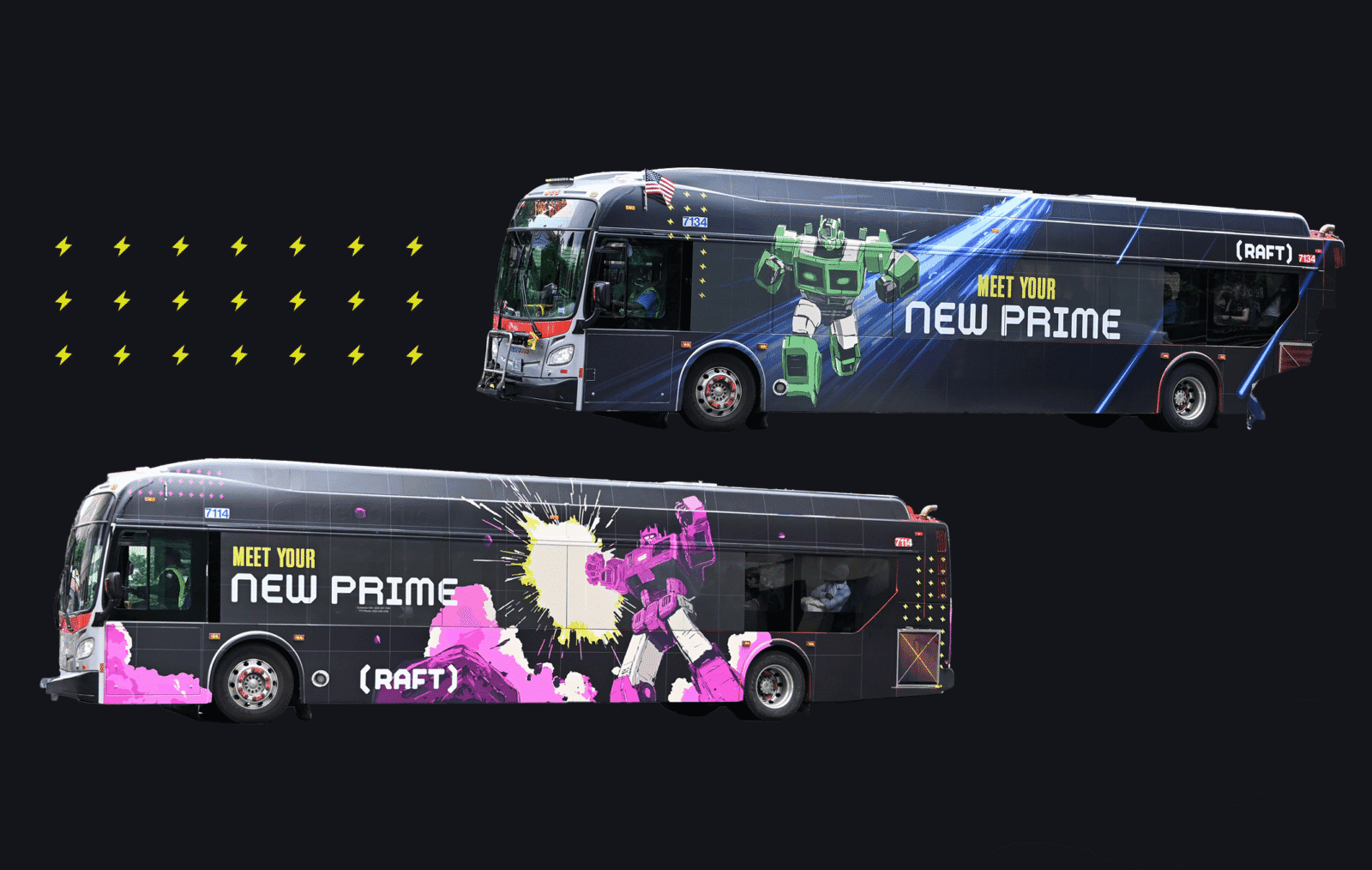 Two buses feature colorful, gaming-themed artwork with Transformers characters and the text "Meet Your New Prime" on a black