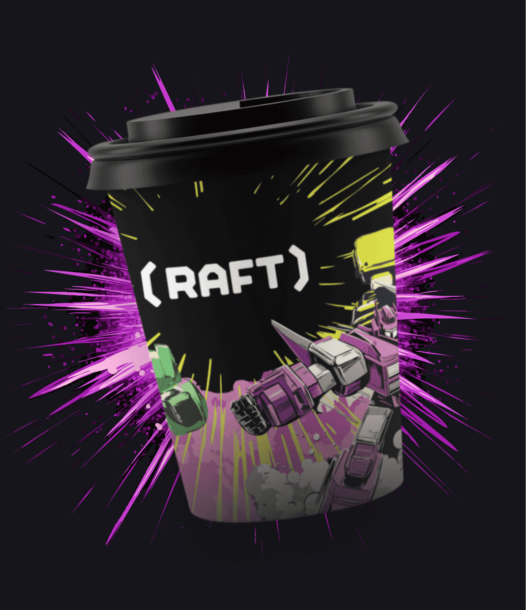 A black coffee cup with a "CRAFT" label, surrounded by purple and yellow explosive graphic effects and robot illustrations.
