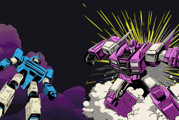 Two giant robots, one blue and one purple, are battling in the sky with explosions and smoke around them.