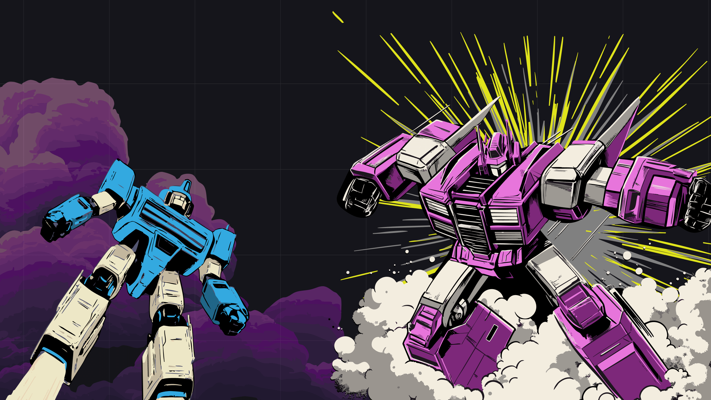 Two giant robots, one blue and one purple, are battling in the sky with explosions and smoke around them.
