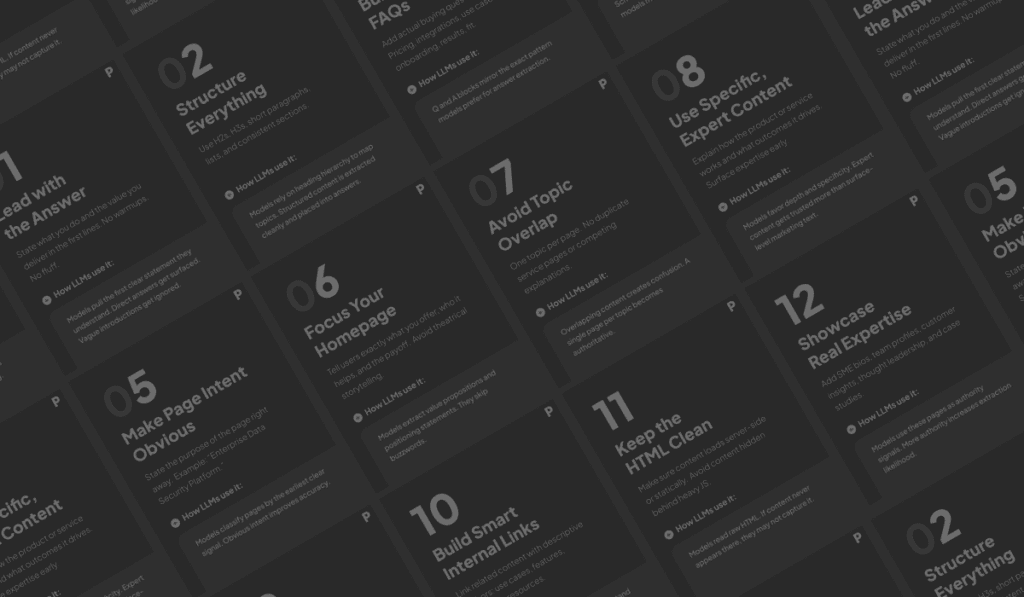A dark background with a grid of numbered tips and guidelines related to content structure and optimization.