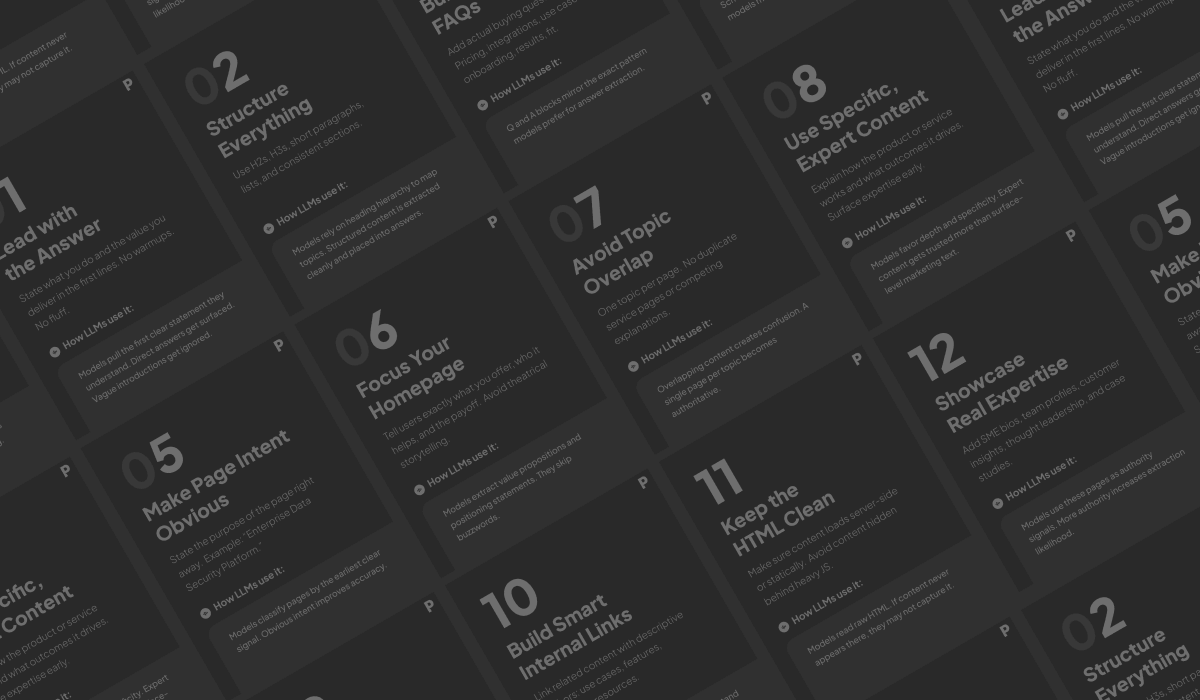 A dark background with a grid of numbered tips and guidelines related to content structure and optimization.