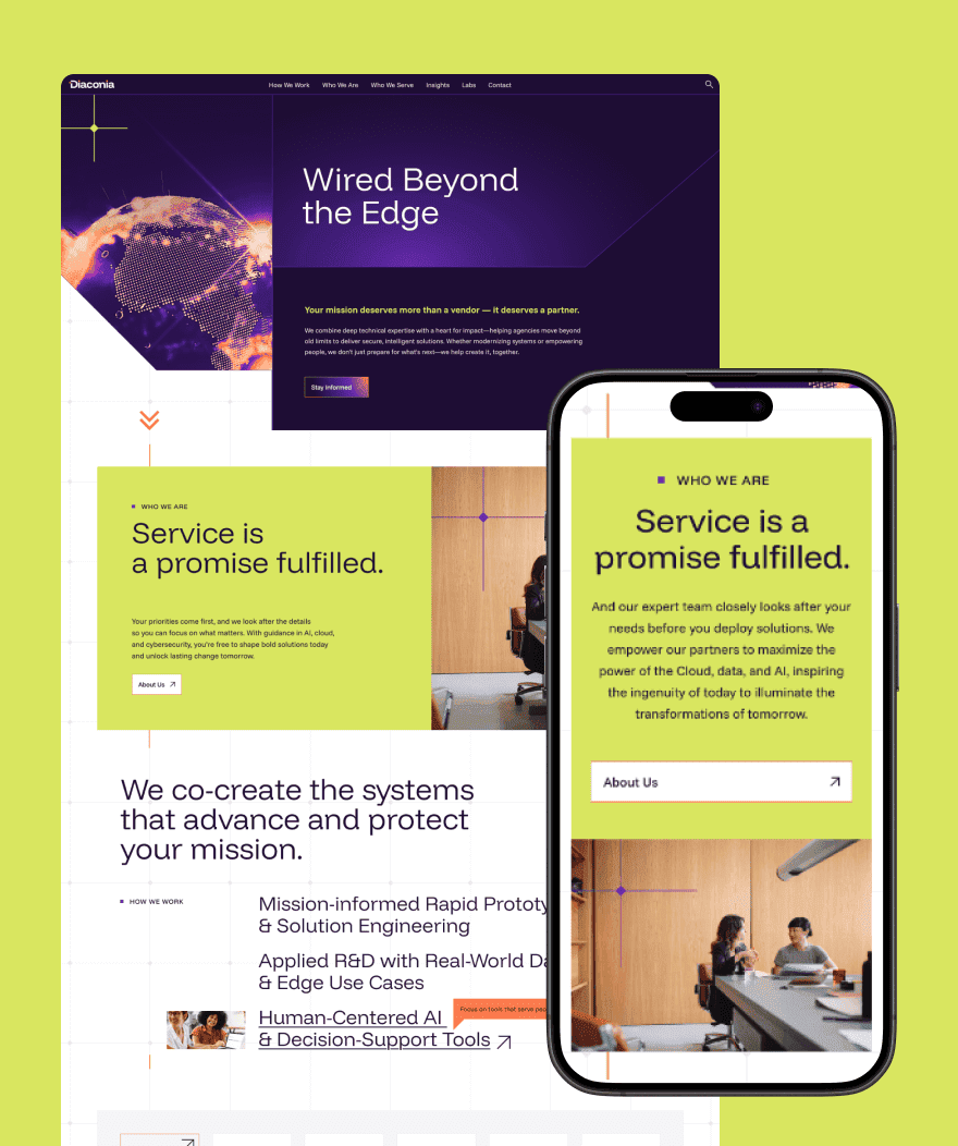 A website and mobile view of a technology company's homepage with headlines about service promises, system co-creation, and