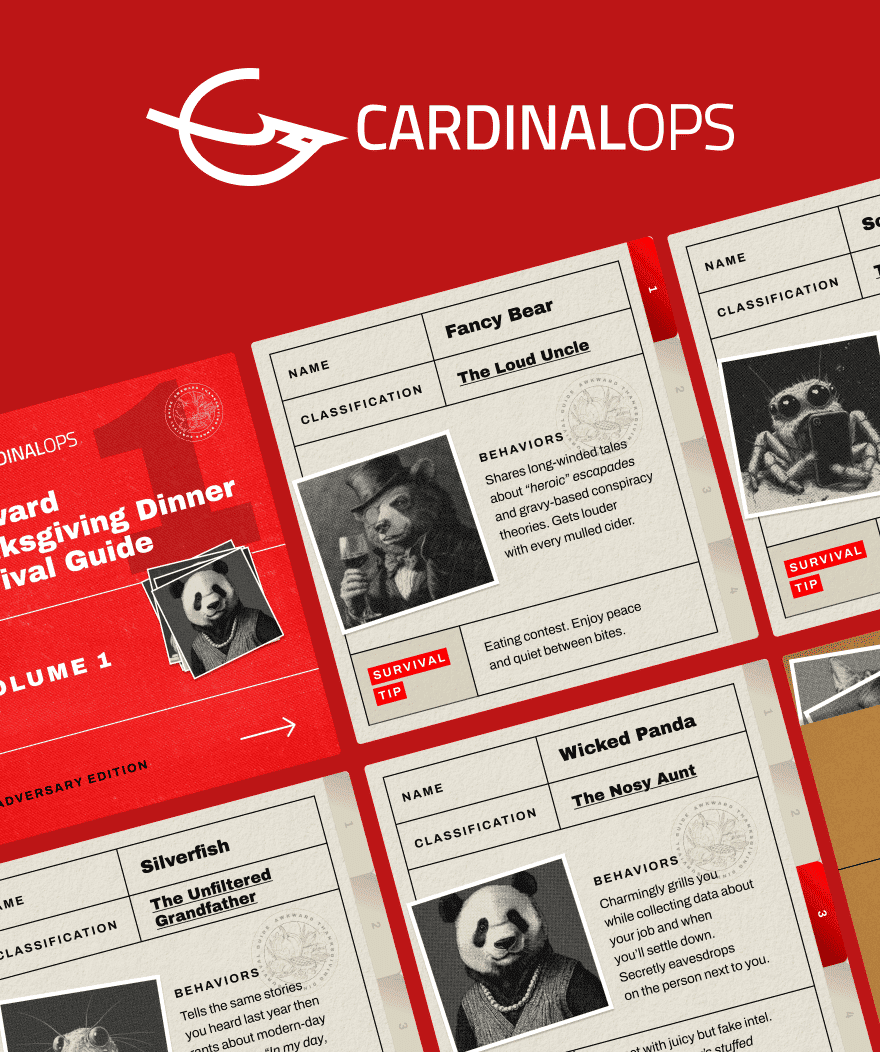 Cards from a "Cardinalops" survival guide featuring anthropomorphic animals with names, classifications, behaviors, and