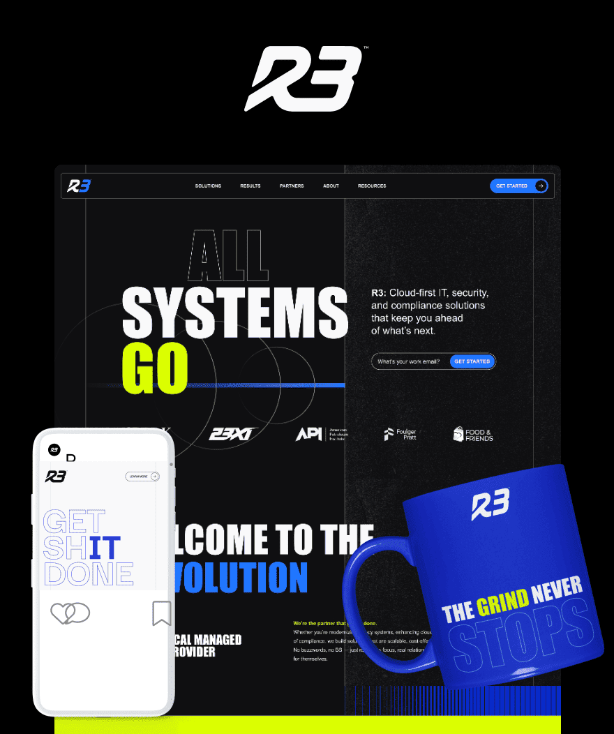A website homepage features bold text "ALL SYSTEMS GO," a mobile phone with "GET SHIT DONE," and a blue mug with "THE GRIND