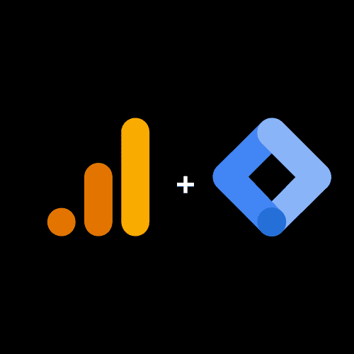 Google Analytics logo next to a blue and black geometric icon on a black background.