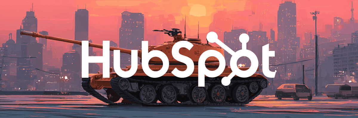 A tank with a sunset city skyline in the background, overlaid with the white "HubSpot" logo.