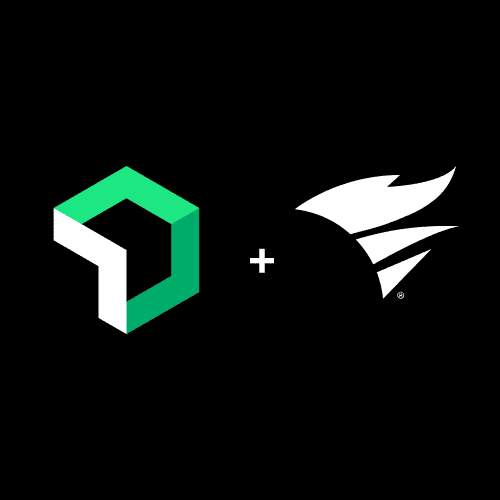 A logo combining a green and white geometric shape with a stylized white flame or wing design on a black background.