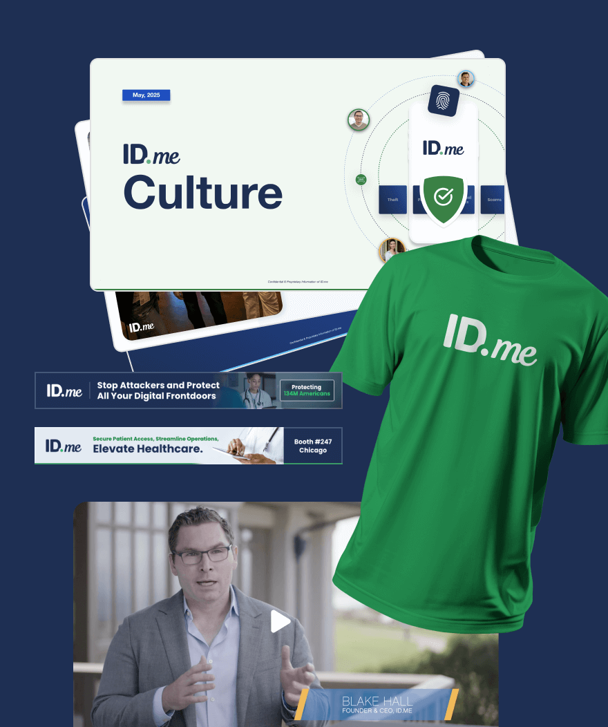 A green ID.me T-shirt, digital screens displaying ID.me branding and messages, and a man speaking in a professional setting.