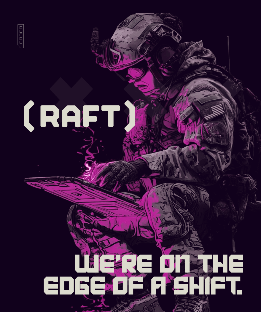 A soldier in tactical gear with a helmet and goggles, holding a tablet, with the text "CRAFT" and "We're on the edge of a