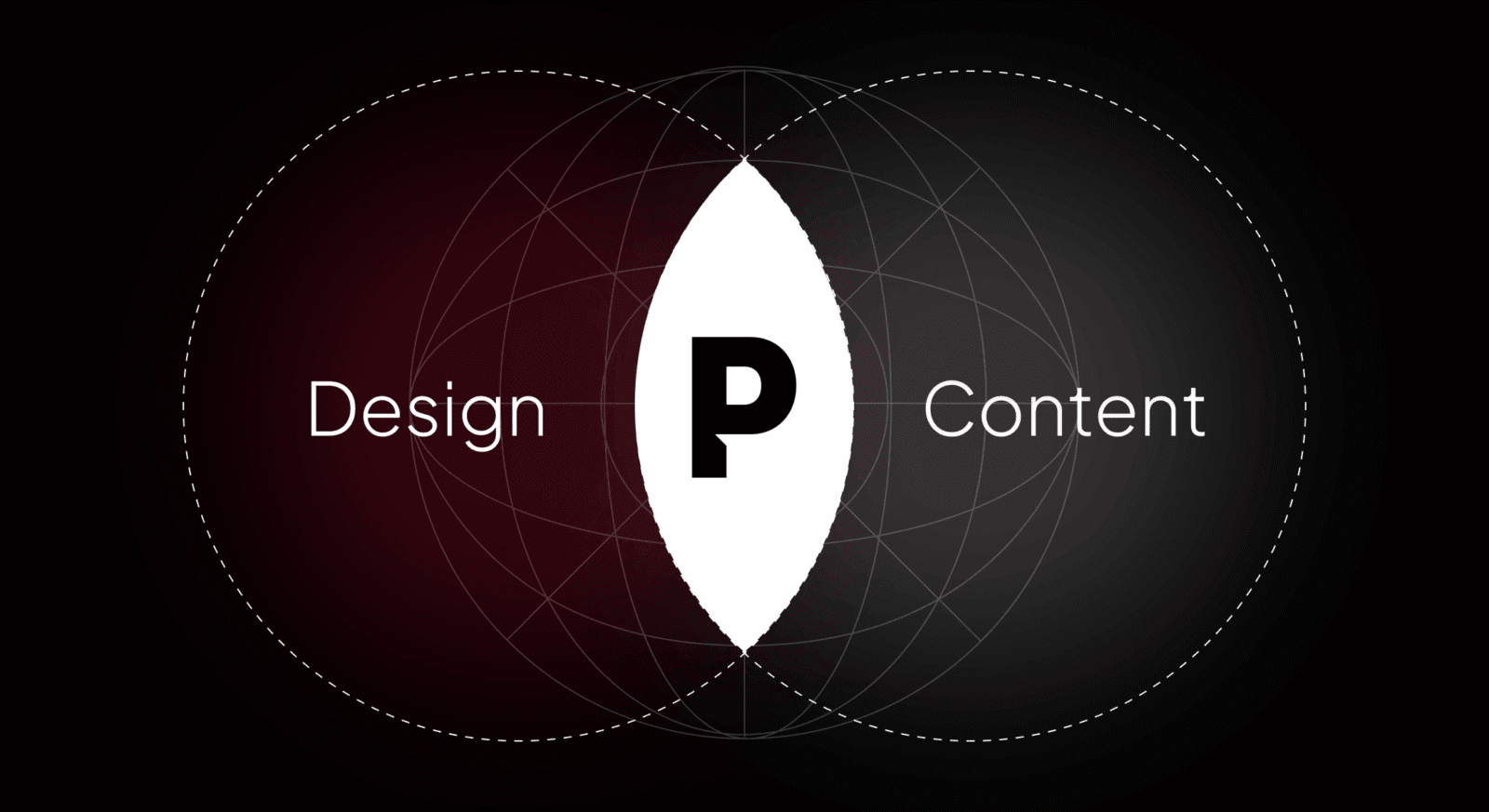 A graphic with a central "P" connecting "Design" on the left and "Content" on the right, set against a dark background with